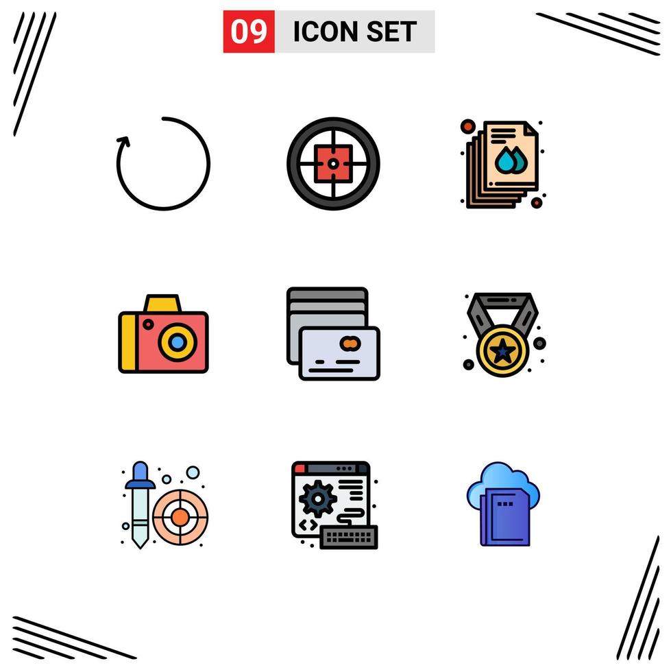 Pack of 9 Modern Filledline Flat Colors Signs and Symbols for Web Print Media such as pay card document studio camera Editable Vector Design Elements