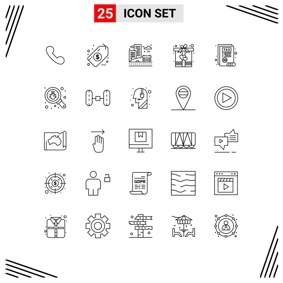 Editable Vector Line Pack of 25 Simple Lines of tax document life heart gift Editable Vector Design Elements