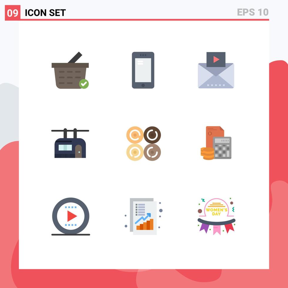 paquete de 9 signos y símbolos de colores planos modernos para medios de impresión web, como comer mensaje de viaje, transporte, telesilla, elementos de diseño de vectores editables