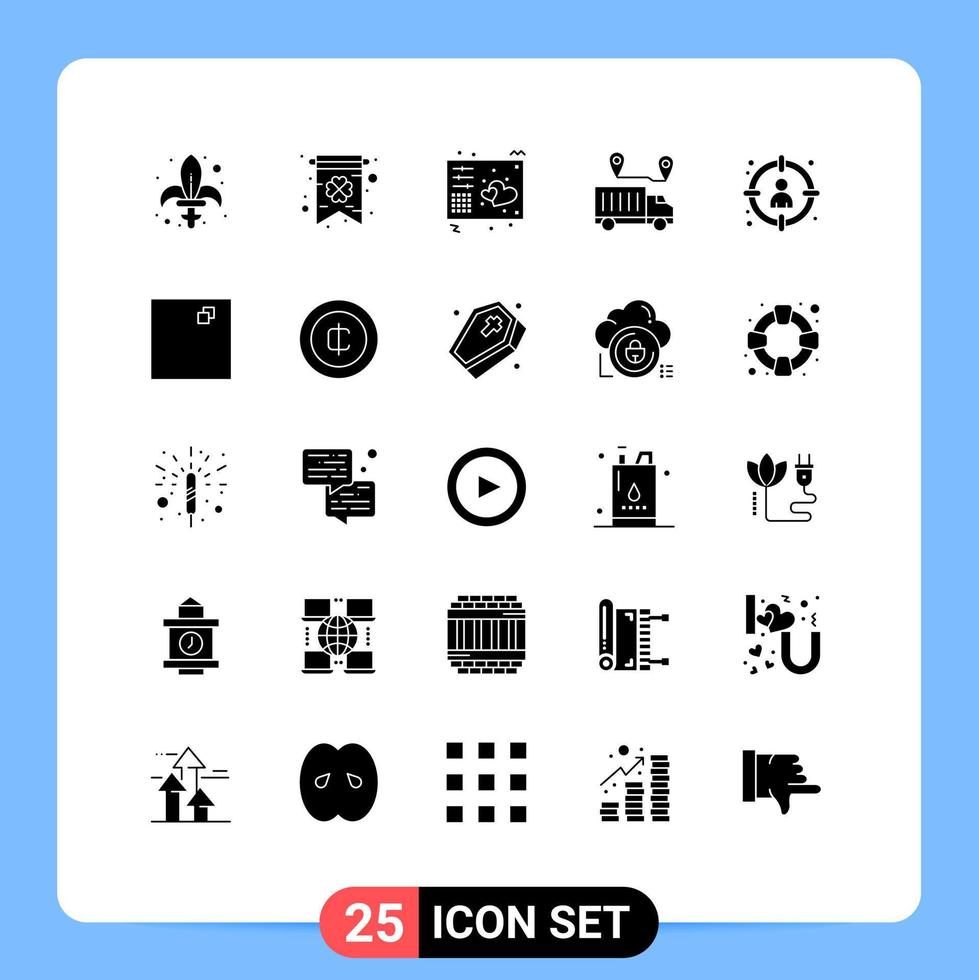 Pack of 25 Modern Solid Glyphs Signs and Symbols for Web Print Media such as valentine transportation love location music Editable Vector Design Elements