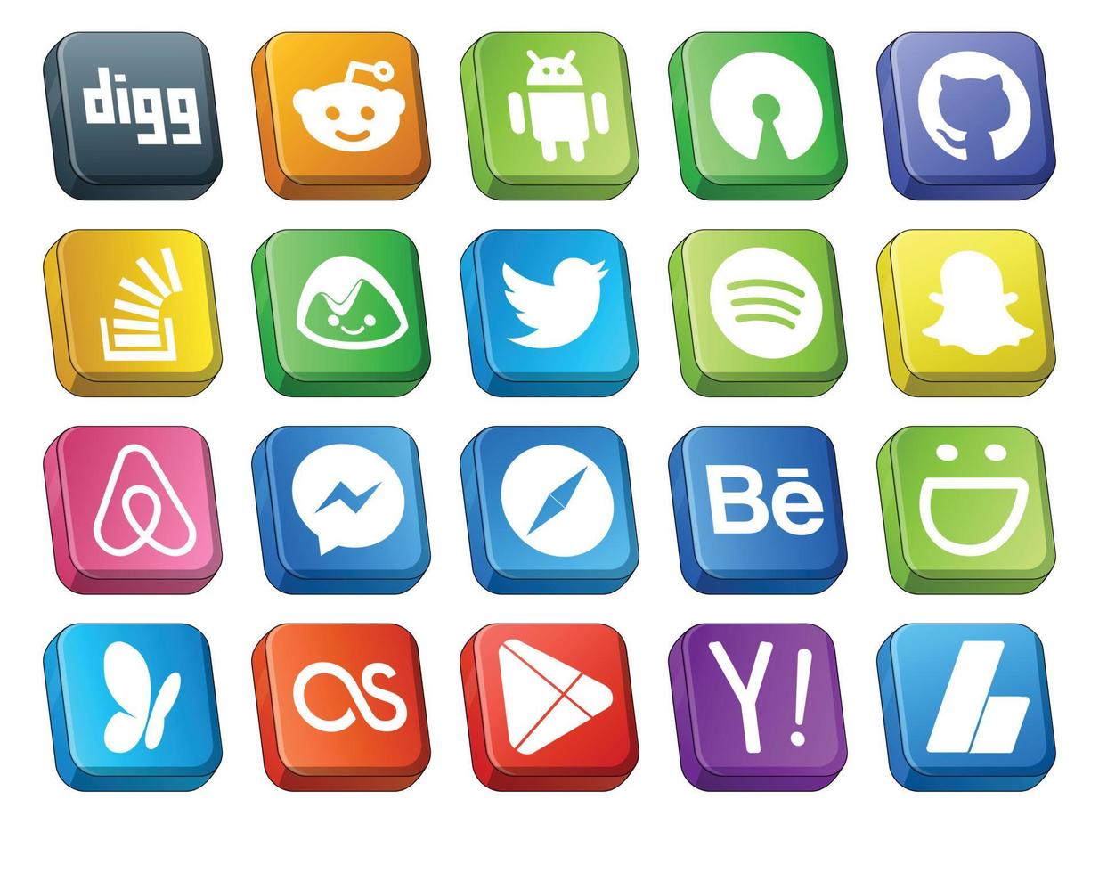 Paquete de 20 íconos de redes sociales que incluye el desbordamiento del messenger del navegador air bnb spotify vector