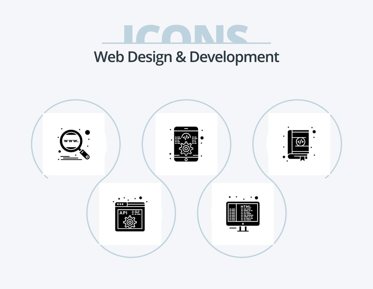 Web Design And Development Glyph Icon Pack 5 Icon Design. book. software. analysis. development. worldwide vector