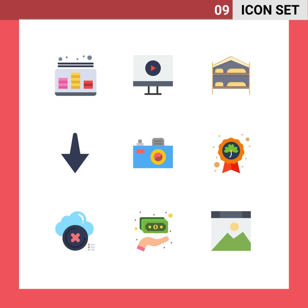 paquete de 9 signos y símbolos de colores planos modernos para medios de impresión web, como elementos de diseño de vectores editables de flecha de cámara de cama de día