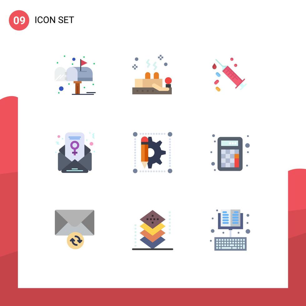 Editable Vector Line Pack of 9 Simple Flat Colors of gear creative injection email feminism chat Editable Vector Design Elements