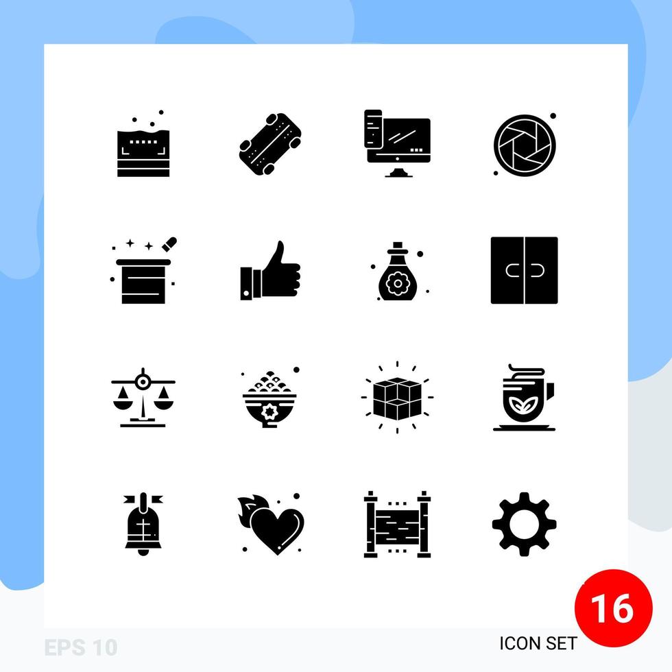 16 Thematic Vector Solid Glyphs and Editable Symbols of magician magic hat device magic lens Editable Vector Design Elements