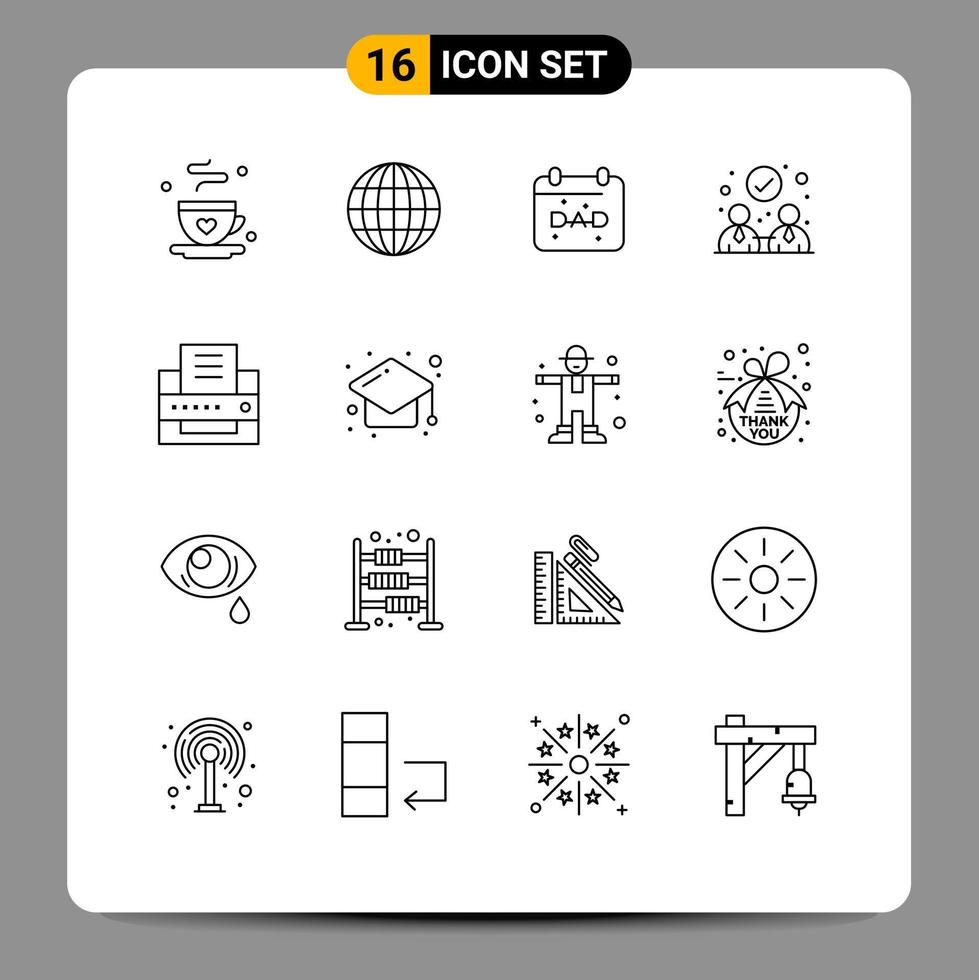 Mobile Interface Outline Set of 16 Pictograms of cap fax date printer collaboration Editable Vector Design Elements