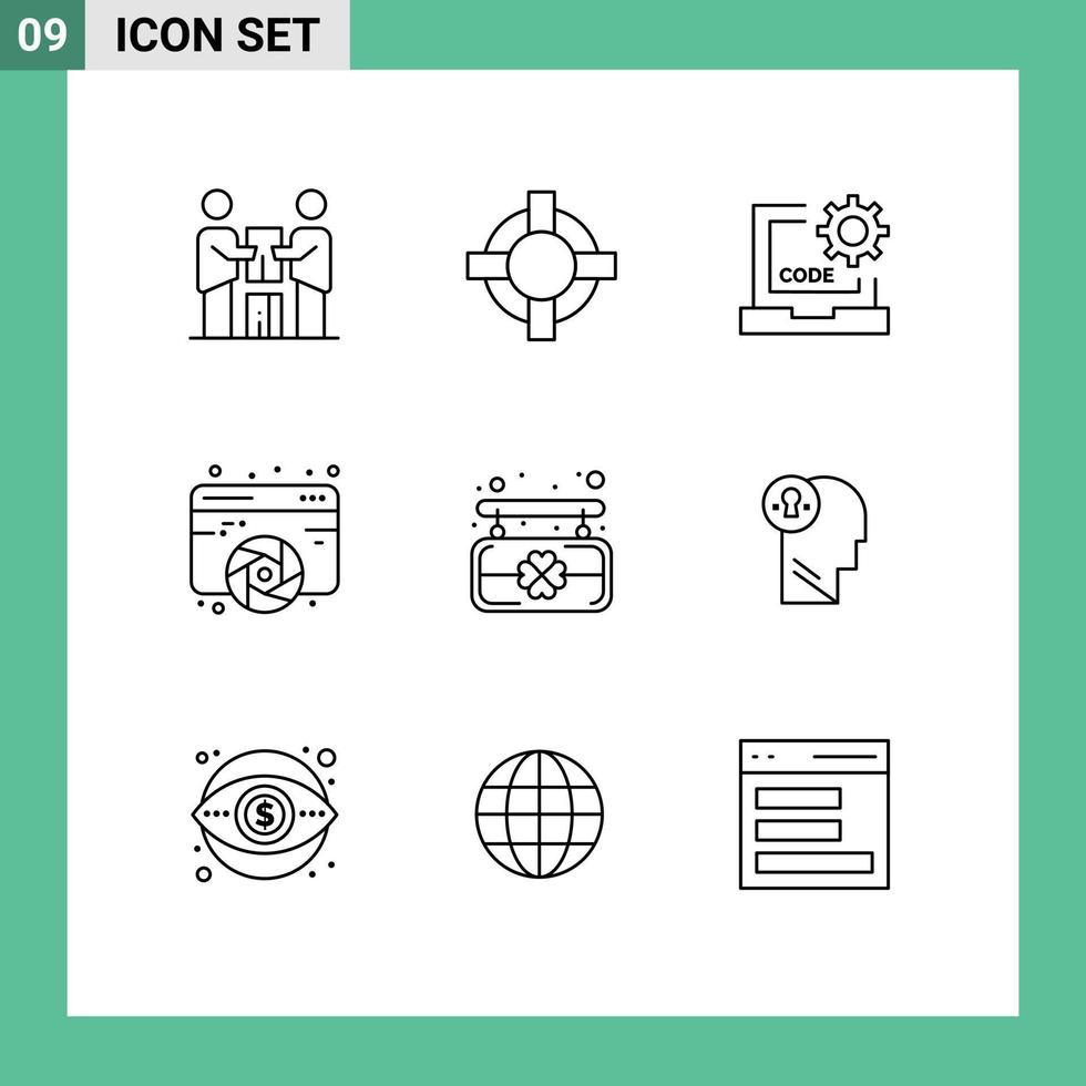 Mobile Interface Outline Set of 9 Pictograms of web fine arts code designing programming Editable Vector Design Elements