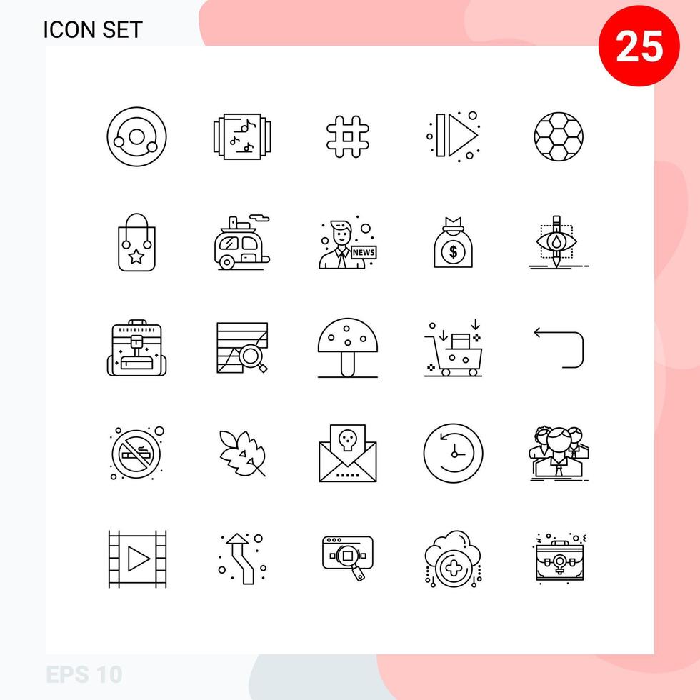 Modern Set of 25 Lines Pictograph of soccer ball hash tag right eject Editable Vector Design Elements
