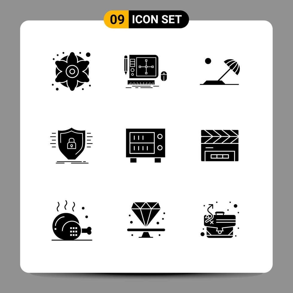 9 User Interface Solid Glyph Pack of modern Signs and Symbols of shield protection web designing firewall sun Editable Vector Design Elements