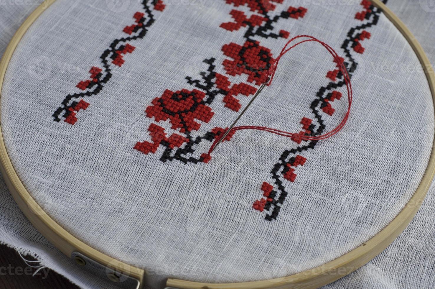 Traditional folk handmade cross-stitch floral pattern photo