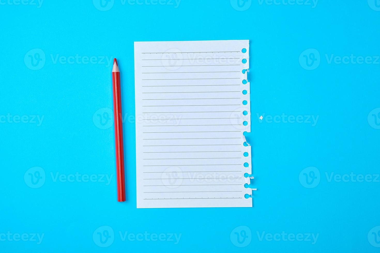 empty rectangular white sheet torn out of notepad and wooden red pencil photo