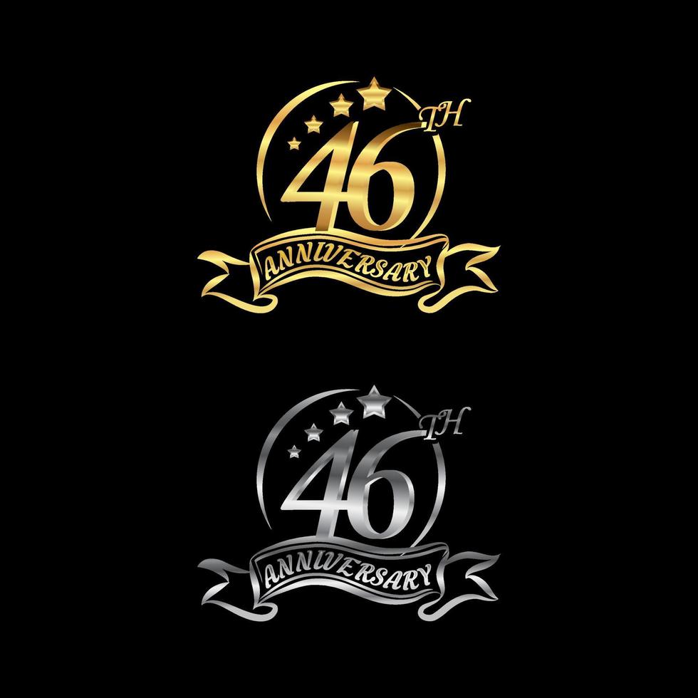 Anniversary vector unusual label Gold and Silver color. forty-six year symbol. Birthday abstract logo. 46th jubilee