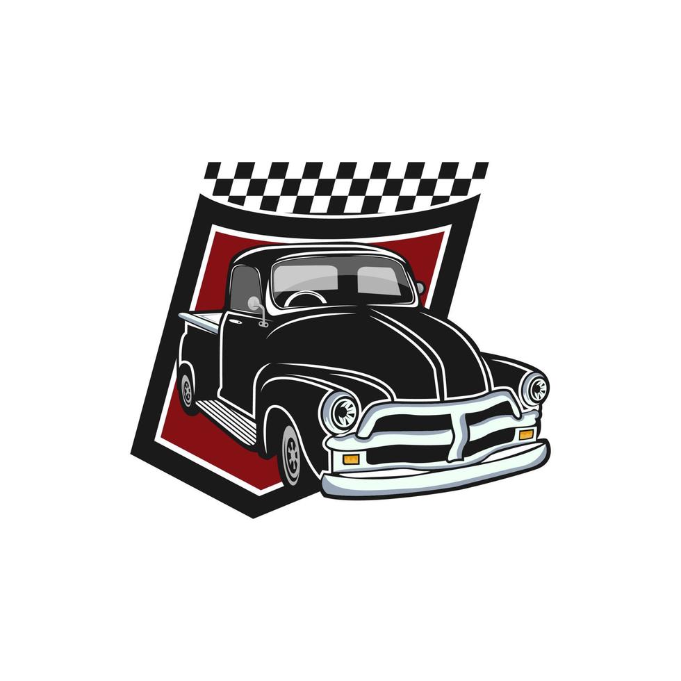 Retro car repair garage sign with retro style truck. Custom restoration shop. Truck  illustration of classic retro style truck. Isolated on grey. vector