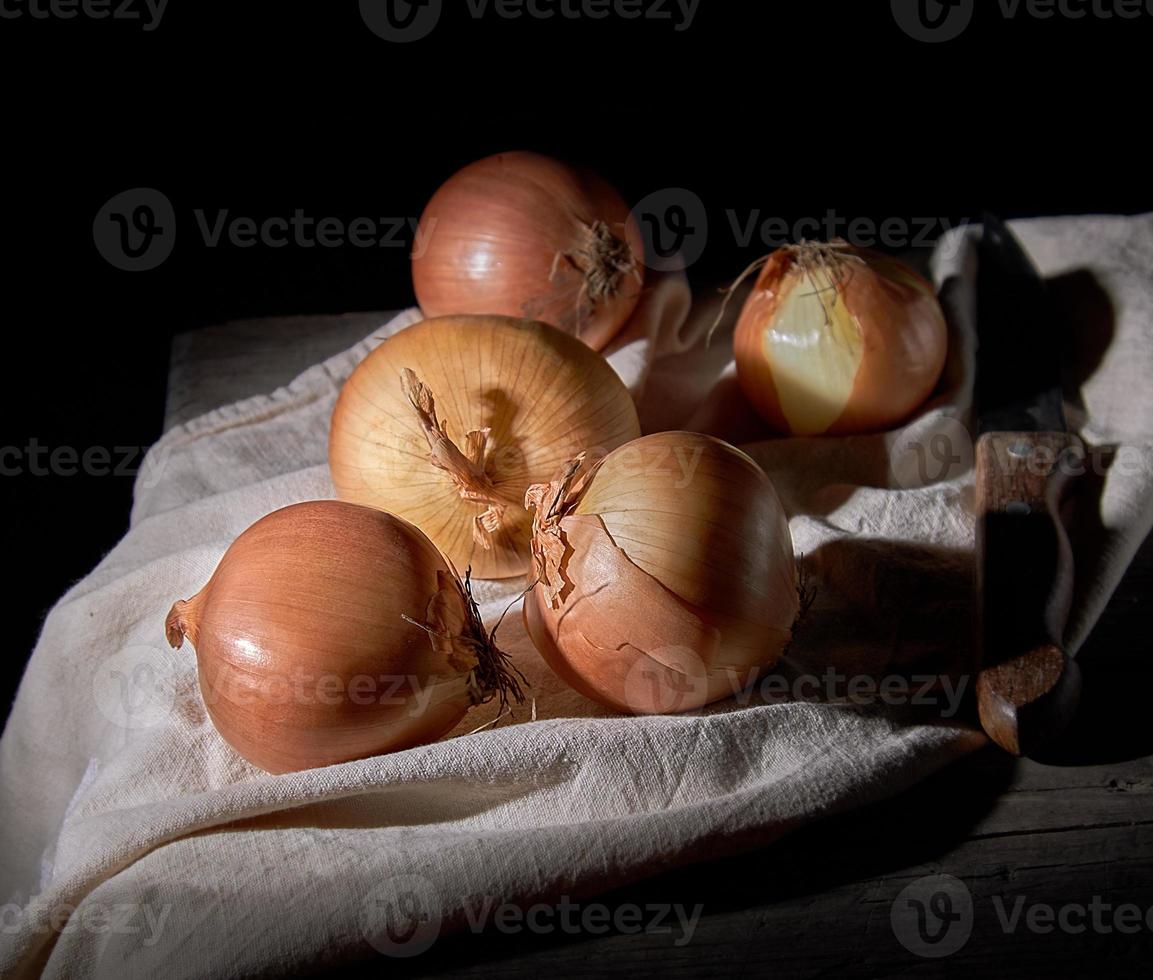 unpeeled round brown onions photo