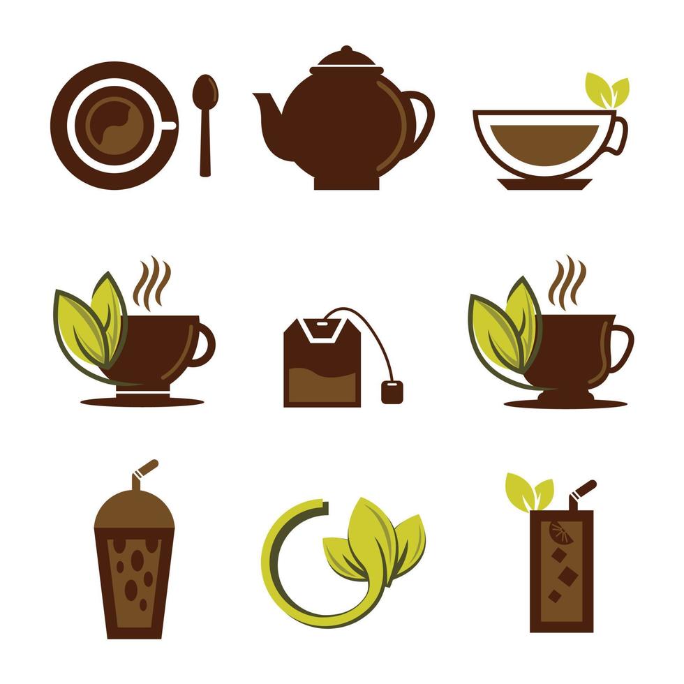 conjunto de logotipo de taza de té verde a base de hierbas, logotipo de bebida a base de hierbas, hoja verde con logotipo de taza, hoja verde con té vector