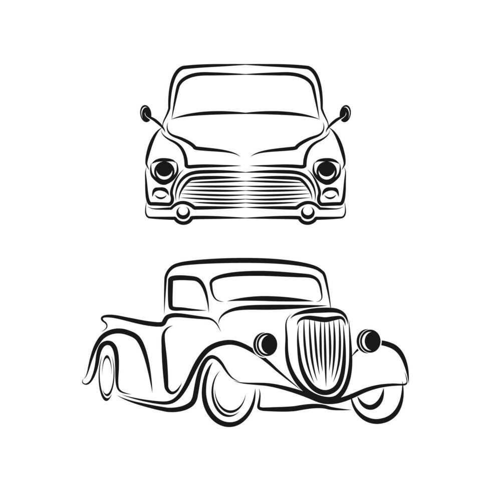 Line vector icon american auto oldtimer. Classic 1930s style. Nostalgia antique automobile. Summer travel vacation. Vintage cartoon sport car. Highway. Garage. Collection car. Illustration for design