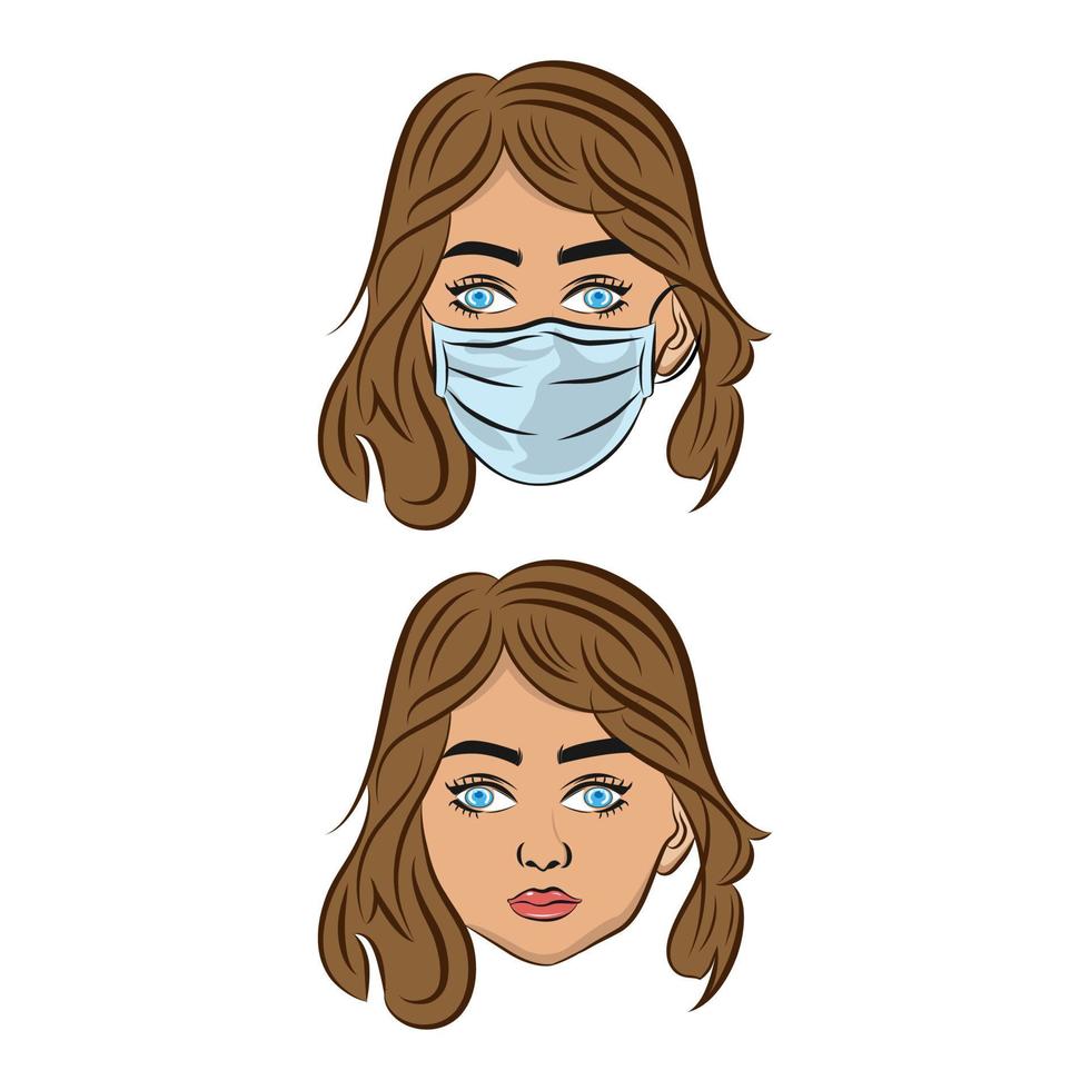 woman on white isolated backdrop. woman in mask for social banner, hygiene promotion, medical poster. Social network logo or cloth print. Flat style stock vector illustration.