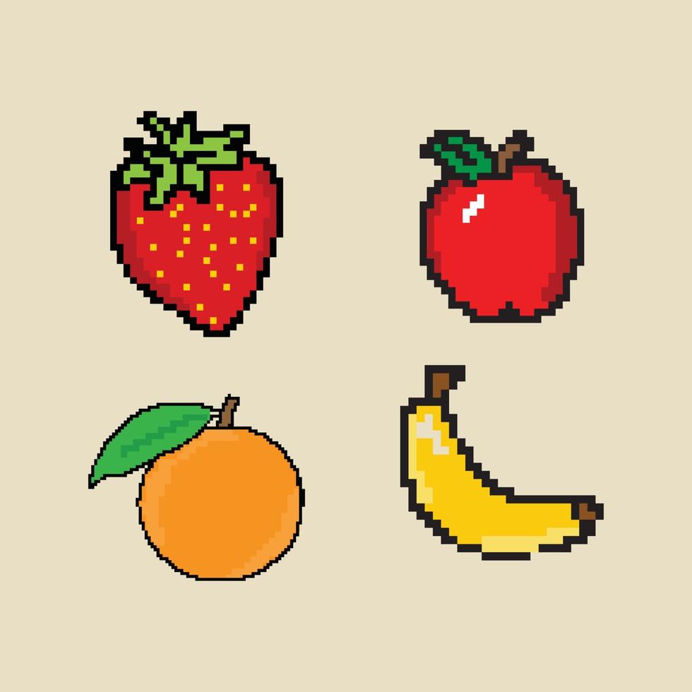 conjunto de iconos de frutas de pixel art. ilustración vectorial sobre un fondo amarillo. vector