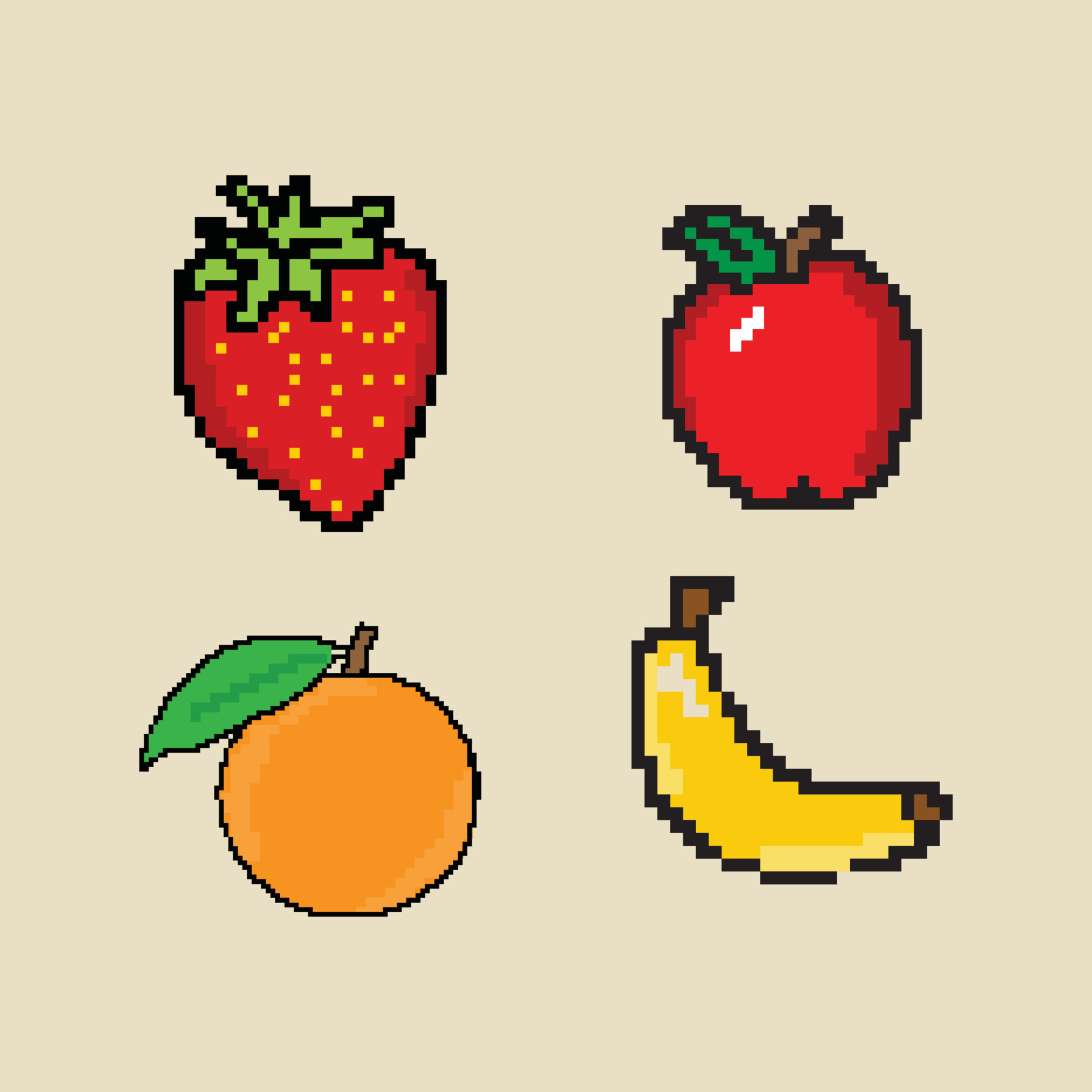 A set of isolated fruits in Pixel Art.