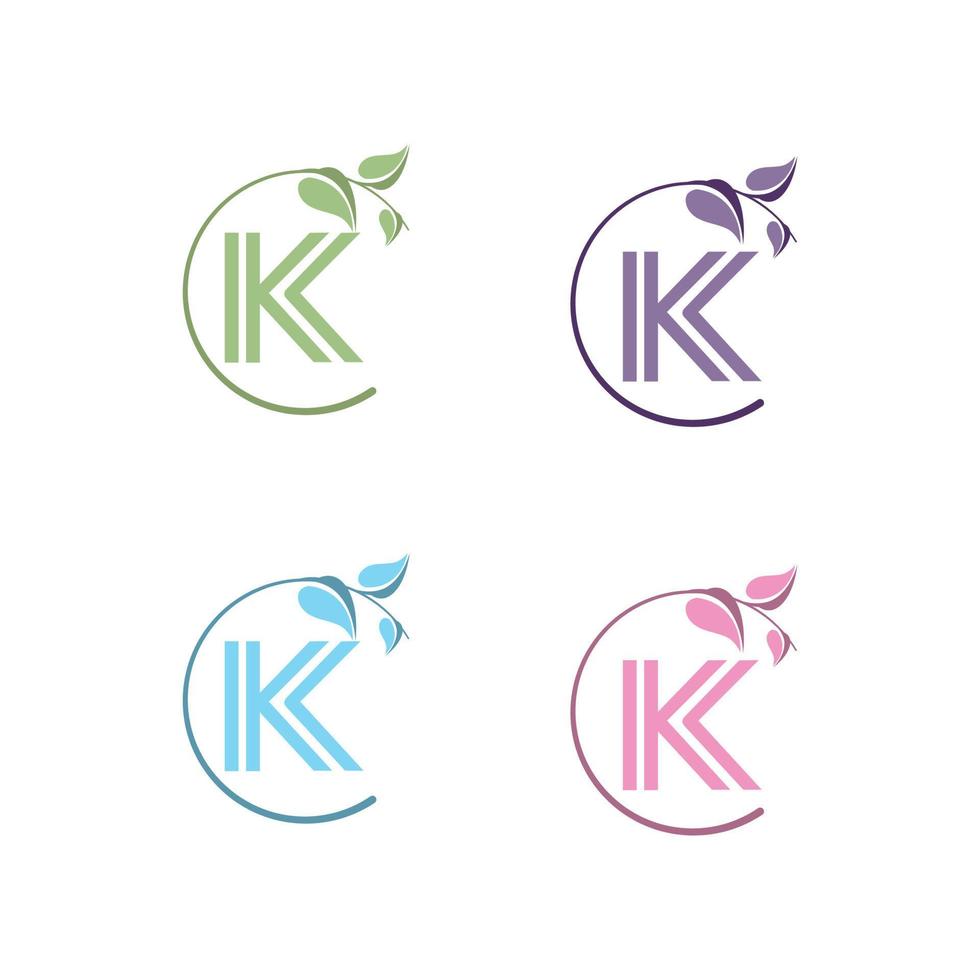 Logo with letter K of four color decorated with leaves - Vector image