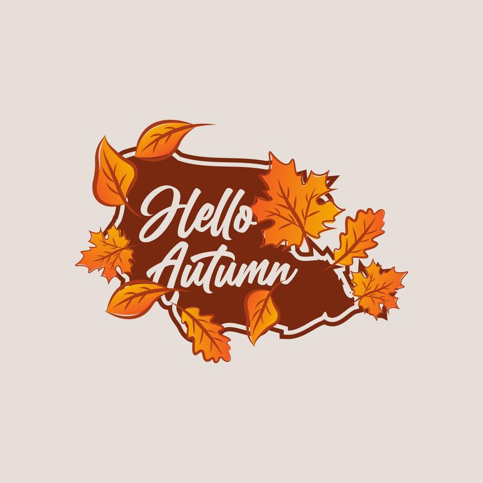 Vector illustration Handwritten lettering of Hello Autumn on hand drawn leaves background.