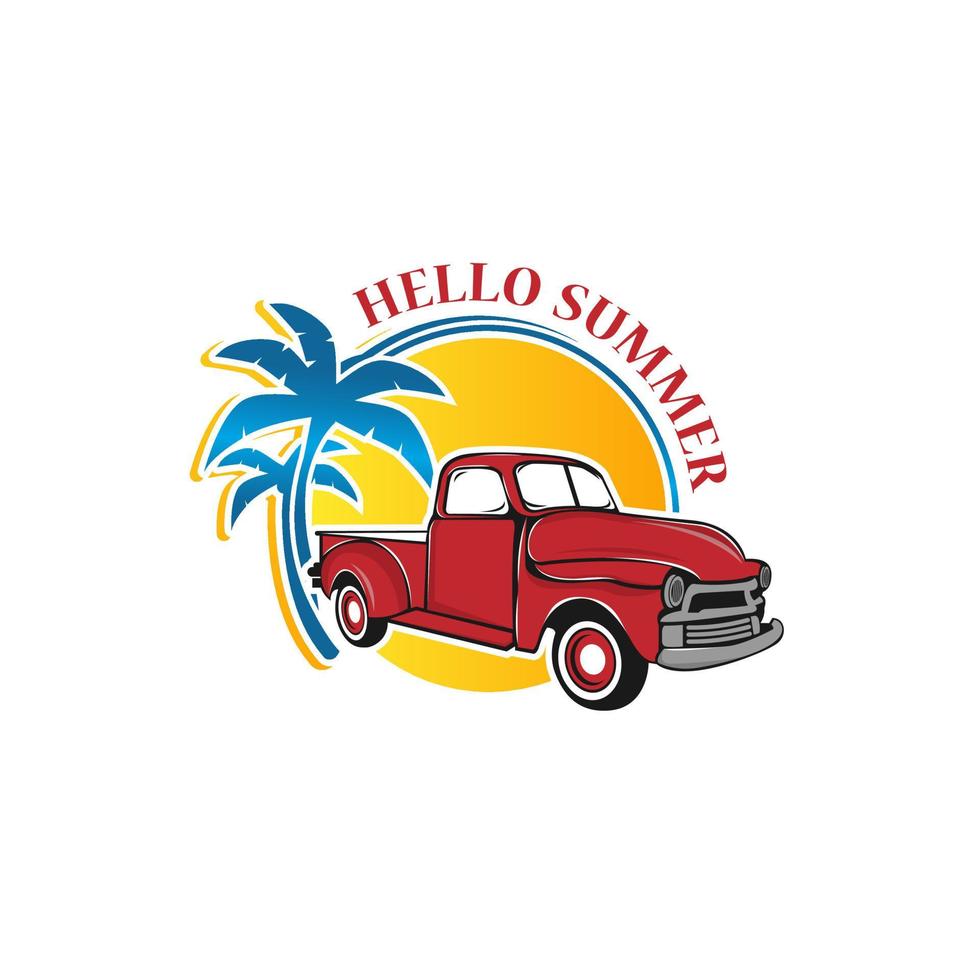 Hello summer,Vintage truck label design. Ocean vibes sign with old retro style surf truck. Hipster tee apparel template for t shirt prints, mugs, other brand identity. Isolated on white vector