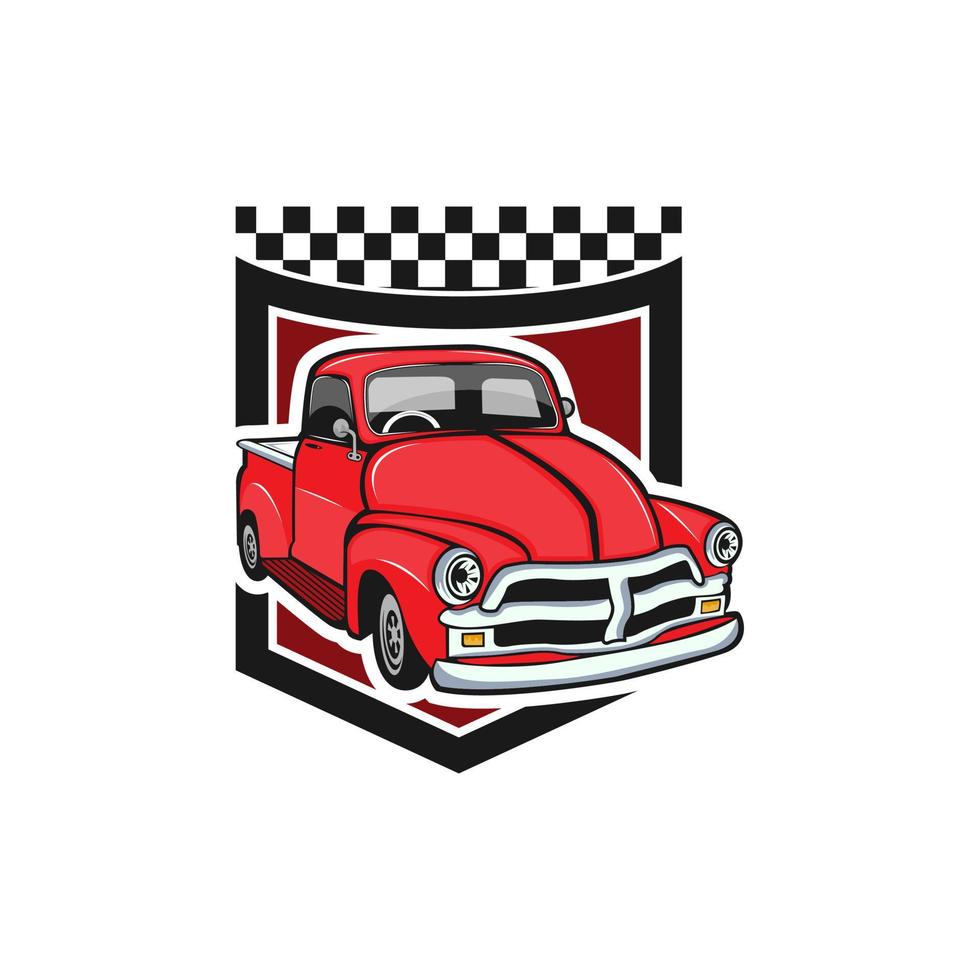 Retro car repair garage sign with retro style truck. Custom restoration shop. Truck  illustration of classic retro style truck. Isolated on grey. vector