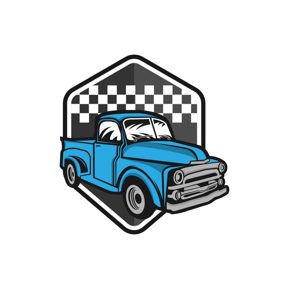 Retro car repair garage sign with retro style truck. Custom restoration shop. Truck  illustration of classic retro style truck. Isolated on grey. vector