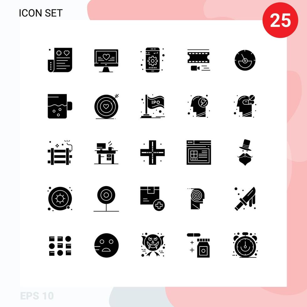 25 Universal Solid Glyph Signs Symbols of ampere film reel wedding film device Editable Vector Design Elements