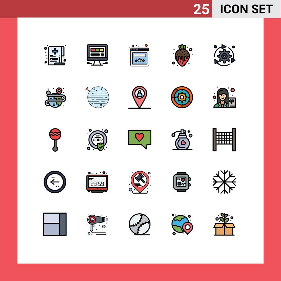 25 User Interface Filled line Flat Color Pack of modern Signs and Symbols of setting strawberry internet food website Editable Vector Design Elements