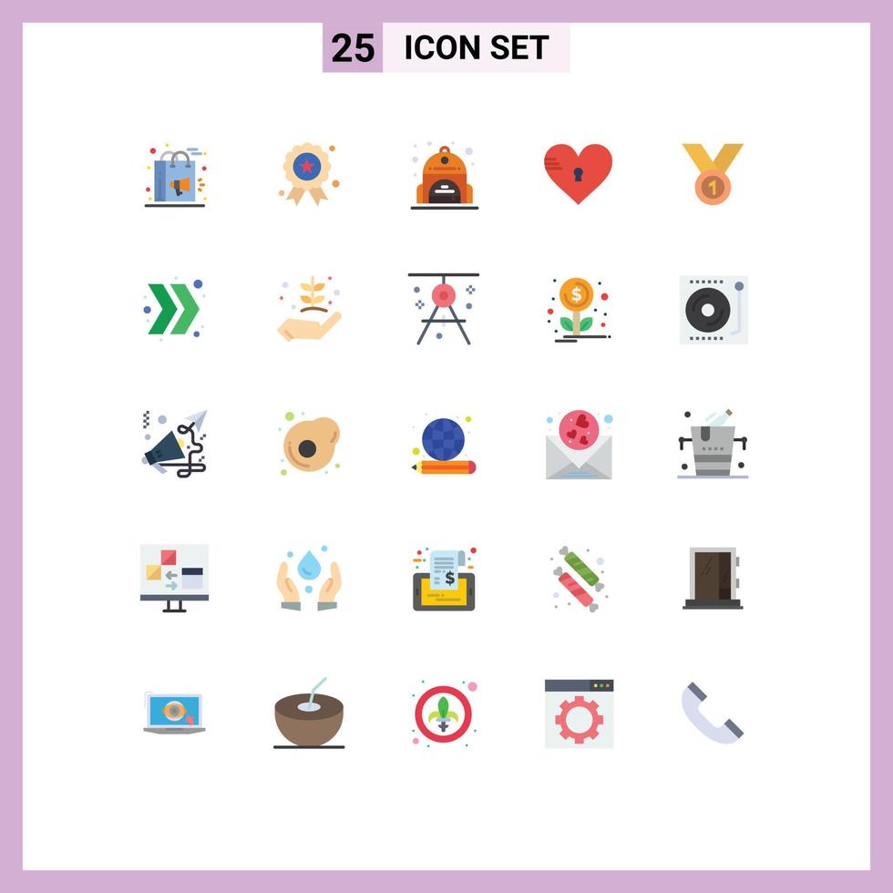 paquete de 25 signos y símbolos de colores planos modernos para medios de impresión web, como elementos de diseño de vectores editables de bloqueo de corazón de medalla de amor ganador