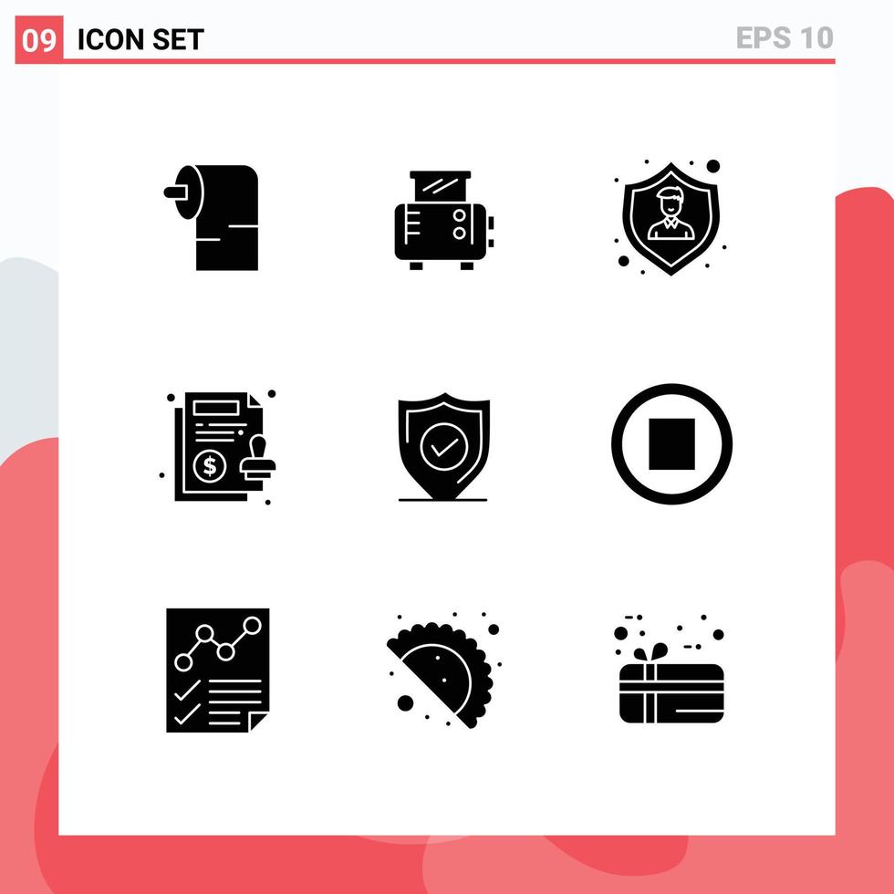 Editable Vector Line Pack of 9 Simple Solid Glyphs of secure protection shield confirm guarantee Editable Vector Design Elements