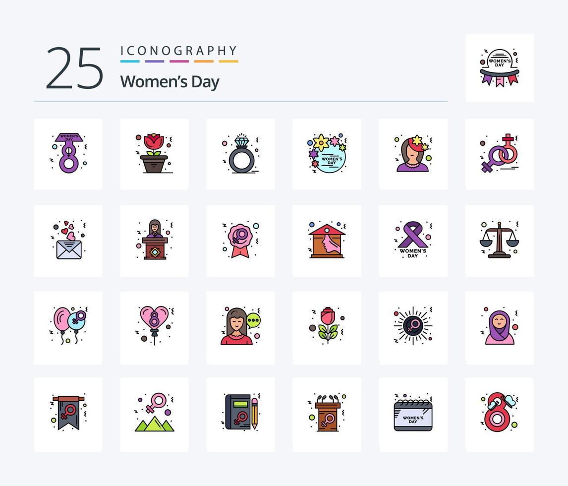 Womens Day 25 Line Filled icon pack including flower. avatar. ring. women. gift vector