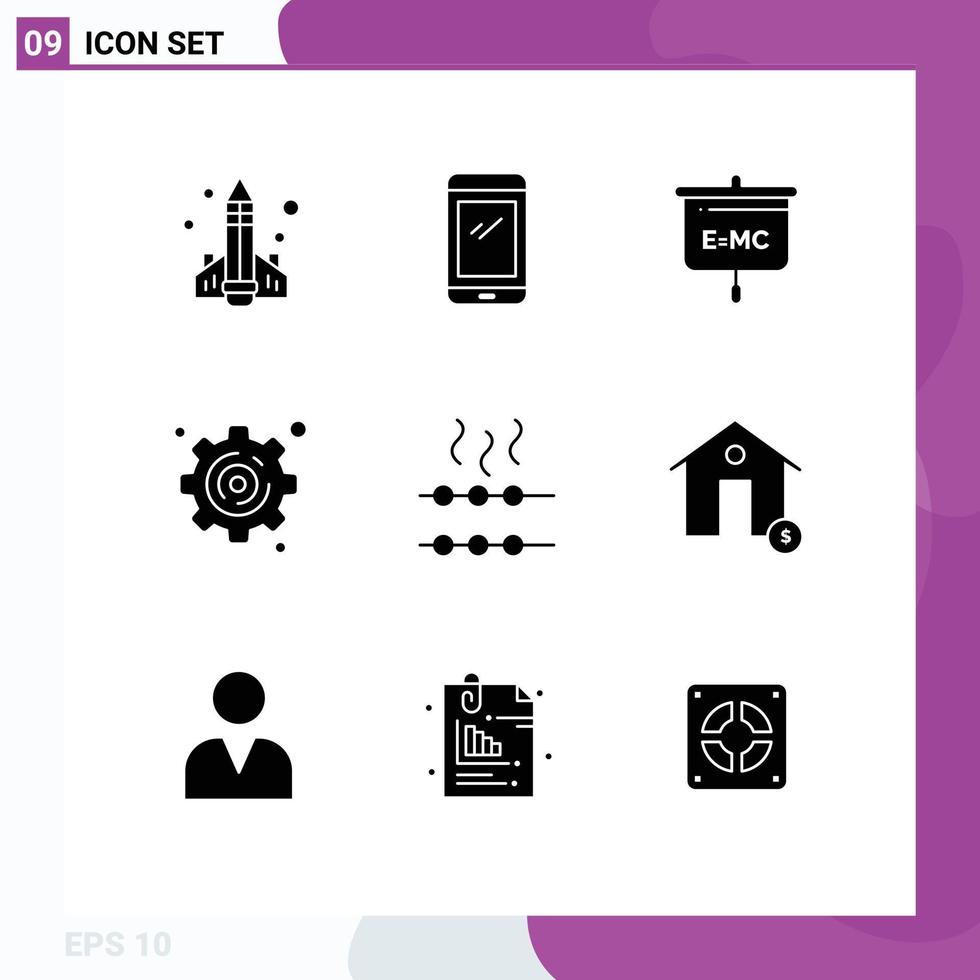 conjunto de 9 glifos sólidos vectoriales en la cuadrícula para elementos de diseño de vectores editables de presentación de negocios android de engranajes alimentarios