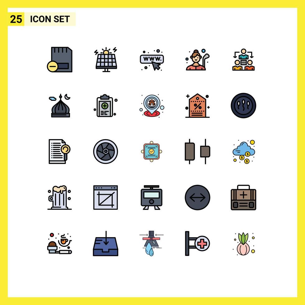 Universal Icon Symbols Group of 25 Modern Filled line Flat Colors of connection golfer solar golf player female golf Editable Vector Design Elements
