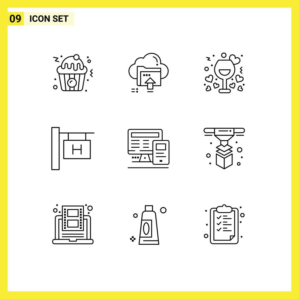 User Interface Pack of 9 Basic Outlines of monitor vacation date travel wine Editable Vector Design Elements