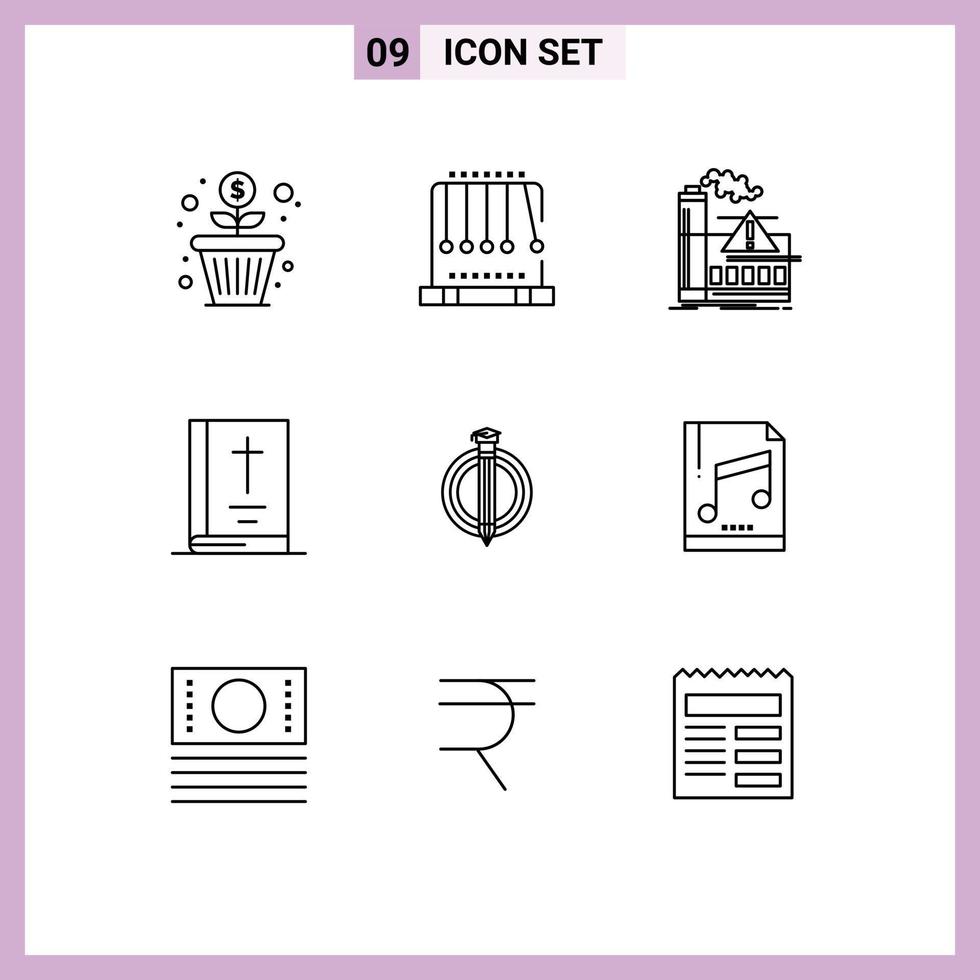 Mobile Interface Outline Set of 9 Pictograms of success note pollution book industry Editable Vector Design Elements