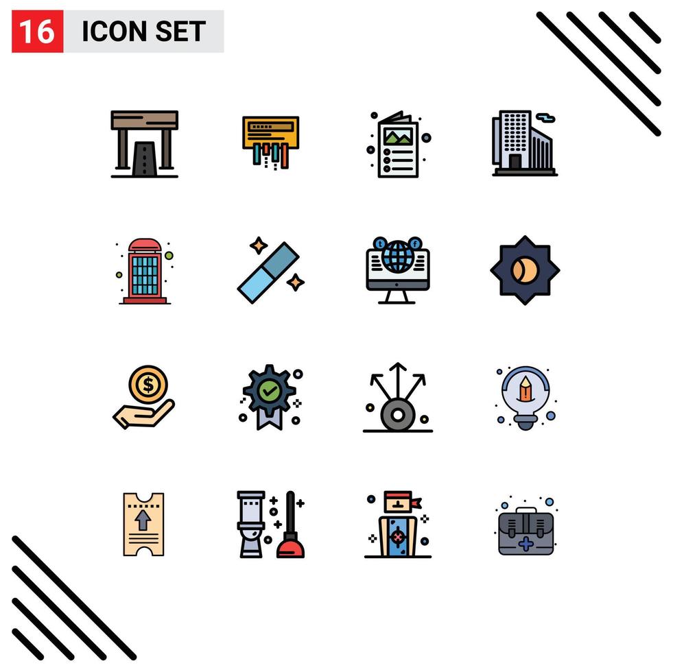 16 Thematic Vector Flat Color Filled Lines and Editable Symbols of booth skyscraper radio office catalogue Editable Creative Vector Design Elements