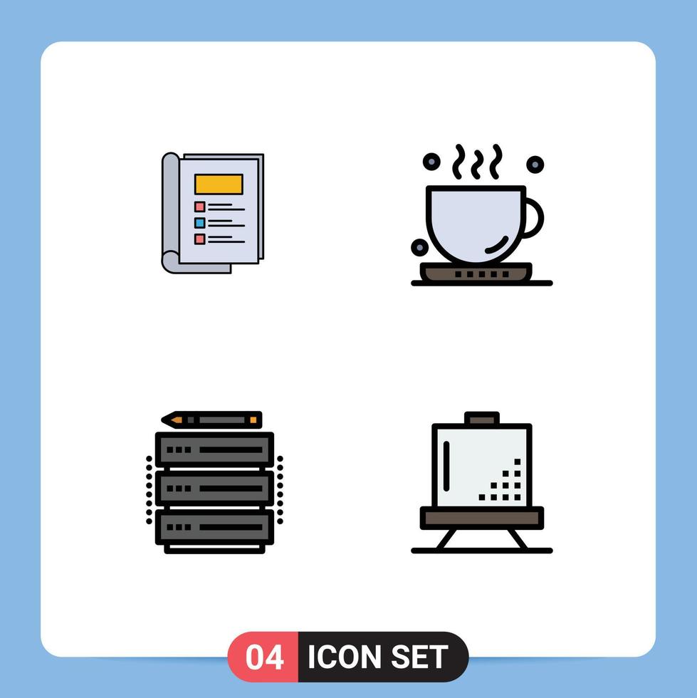 conjunto de color plano de línea de relleno de interfaz móvil de 4 pictogramas de elementos de diseño de vector editables de servidor de oficina de informe de base de datos de libro