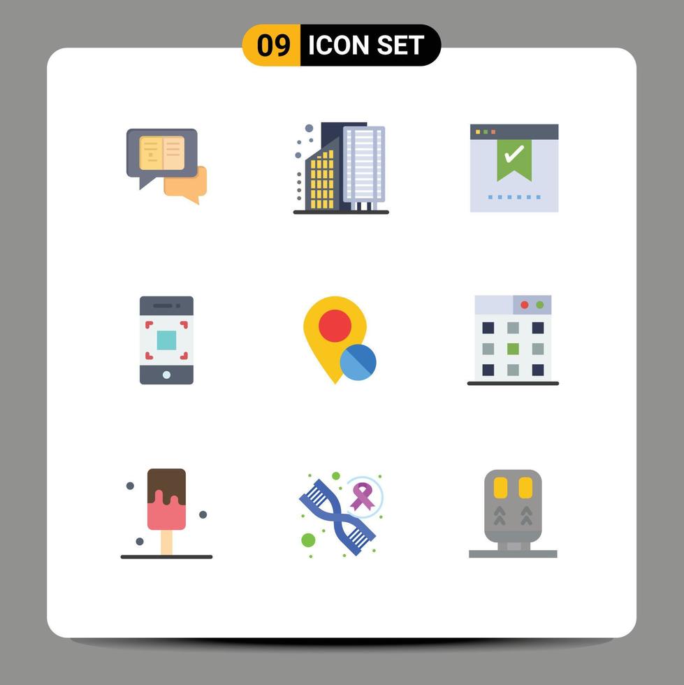 Pack of 9 Modern Flat Colors Signs and Symbols for Web Print Media such as technology mobile infrastructure camera office Editable Vector Design Elements