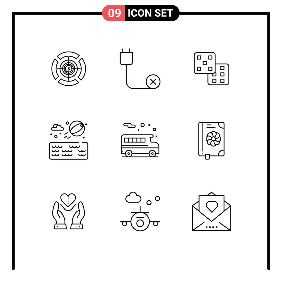 9 Universal Outlines Set for Web and Mobile Applications transportation bus hardware park beach ball Editable Vector Design Elements
