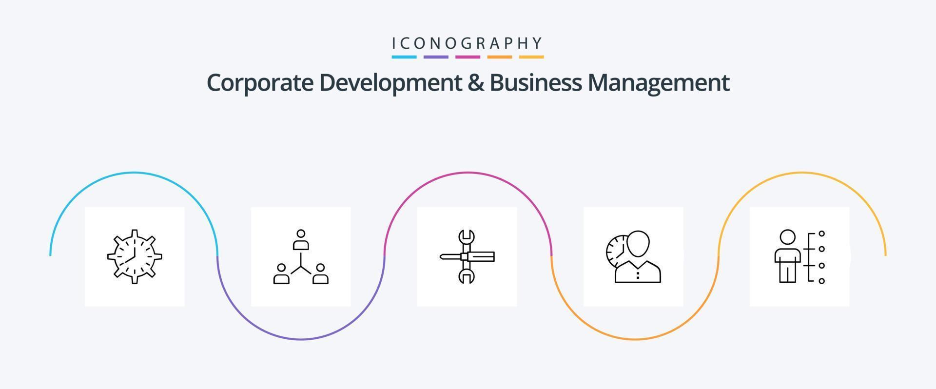 Corporate Development And Business Management Line 5 Icon Pack Including spanner. controls. company. settings. people vector