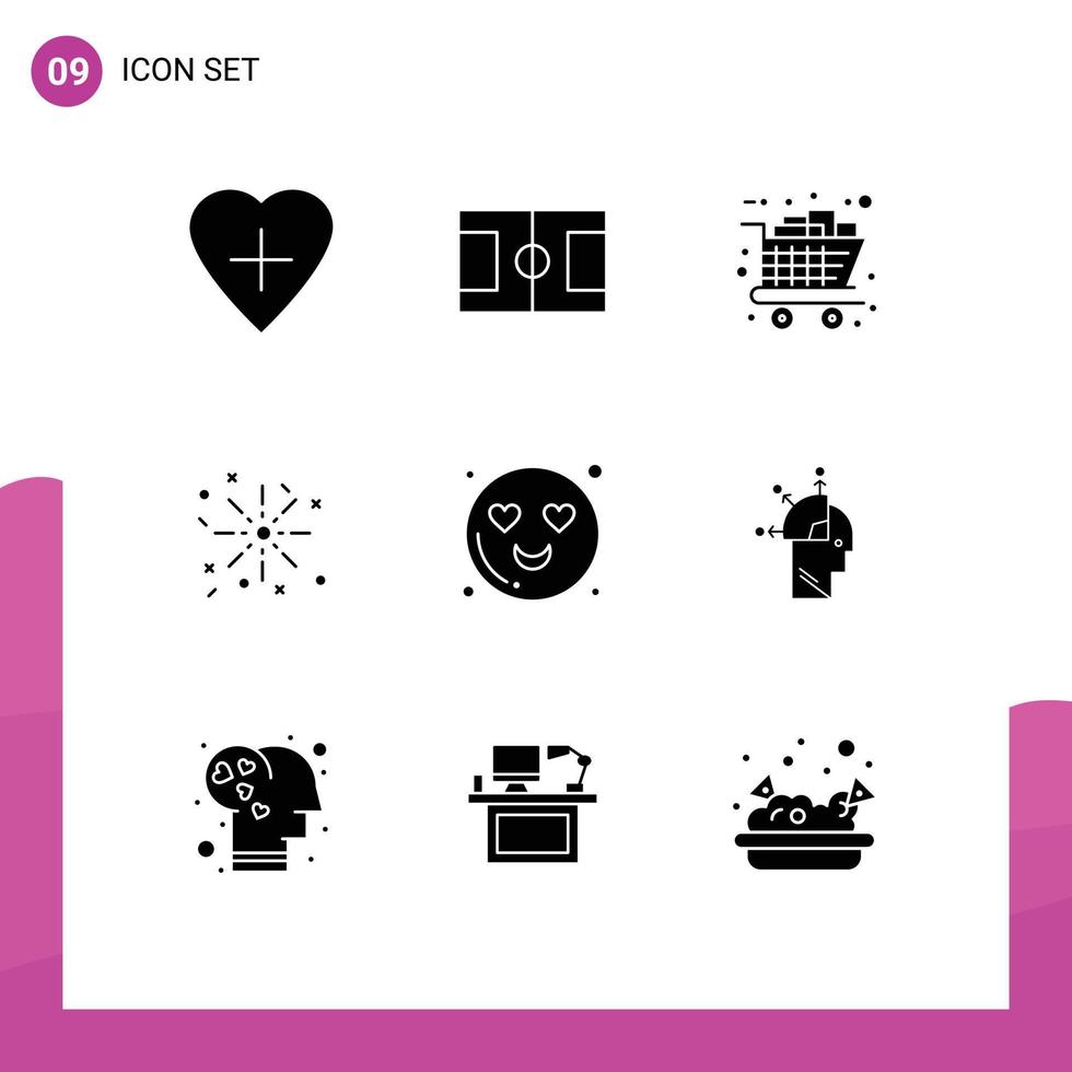Pack of 9 Modern Solid Glyphs Signs and Symbols for Web Print Media such as user heart buy emot holiday Editable Vector Design Elements