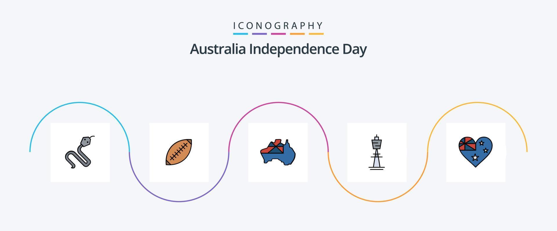 Australia Independence Day Line Filled Flat 5 Icon Pack Including building. australia. rugby ball. flag. map vector