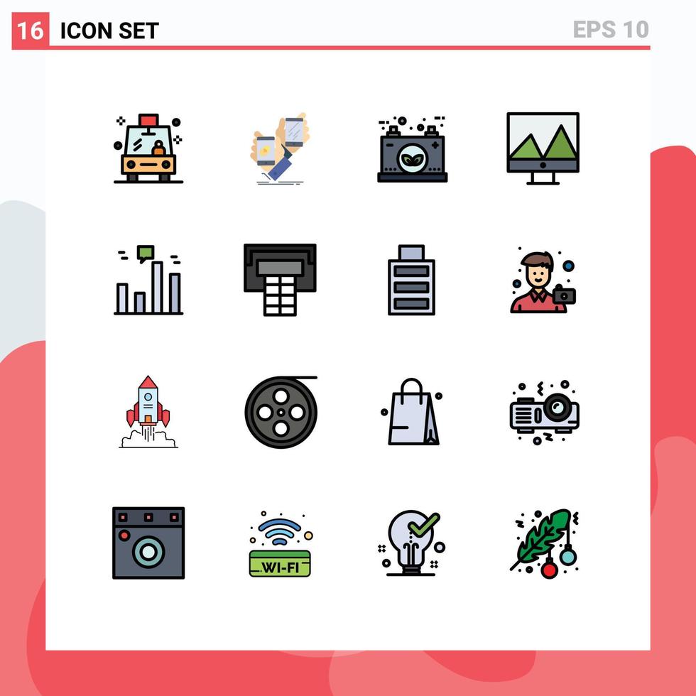 16 signos de línea rellenos de color plano universal símbolos de análisis de productos de visualización de negocios potencia elementos de diseño de vectores creativos editables