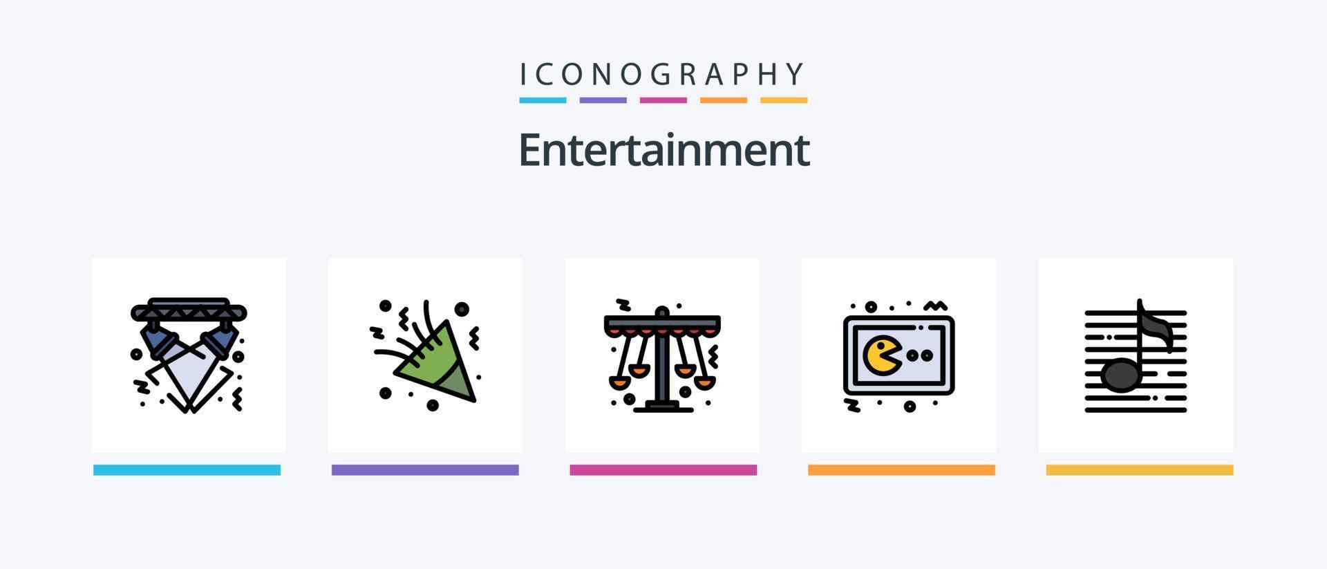 la línea de entretenimiento llenó el paquete de 5 iconos, incluido el carnaval. mascarilla. jugador. multimedia. cine. diseño de iconos creativos vector
