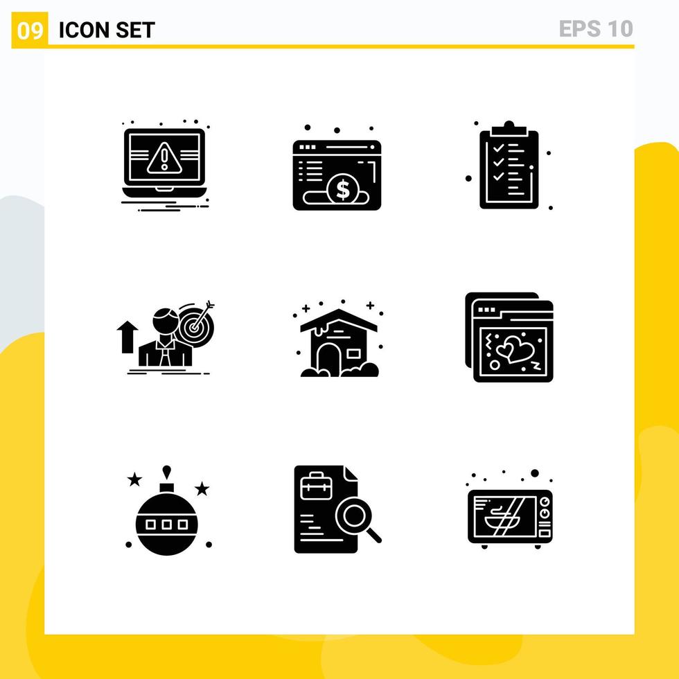 Pack of 9 creative Solid Glyphs of home achieve business target success Editable Vector Design Elements