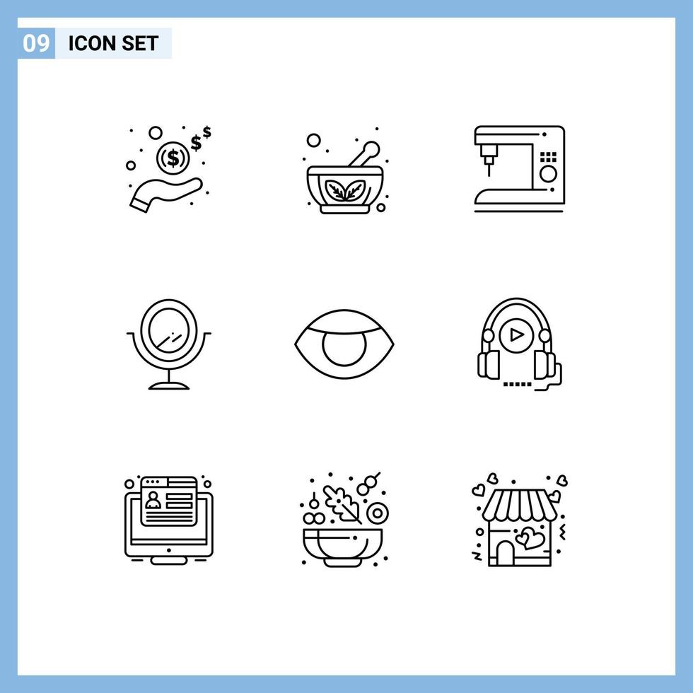 Outline Pack of 9 Universal Symbols of vision face coffee eye mirror Editable Vector Design Elements