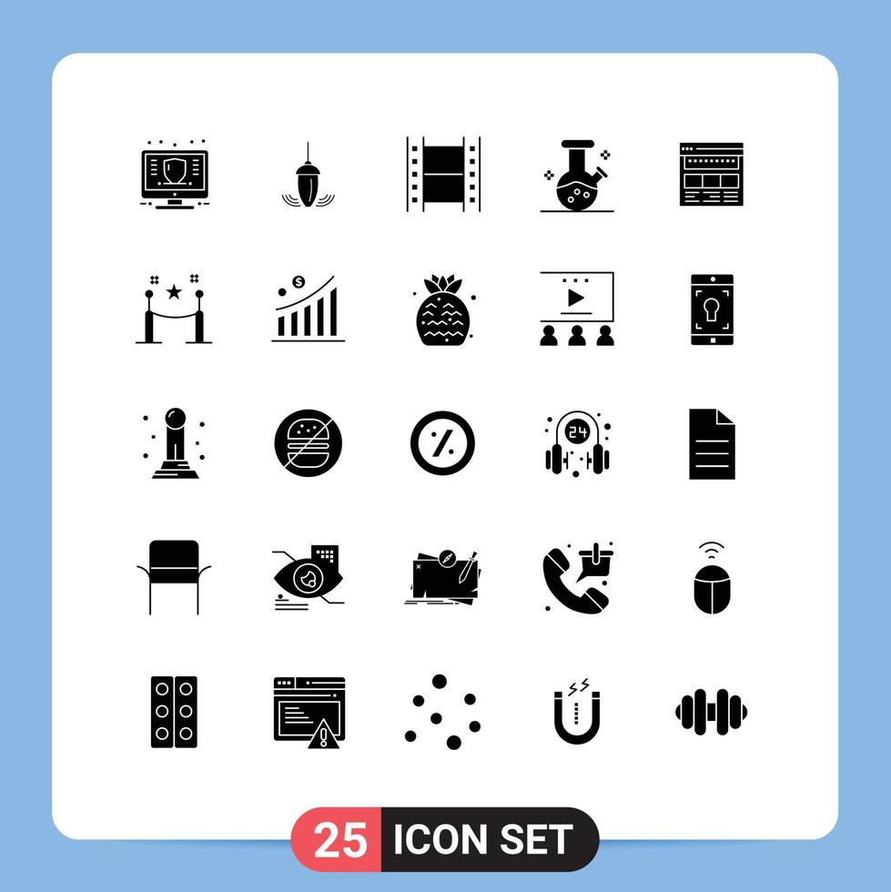 25 User Interface Solid Glyph Pack of modern Signs and Symbols of website lab plumb demo flask movie Editable Vector Design Elements
