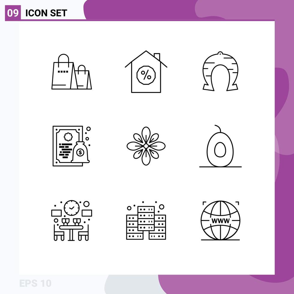 Outline Pack of 9 Universal Symbols of decorate money fortune license certificate Editable Vector Design Elements